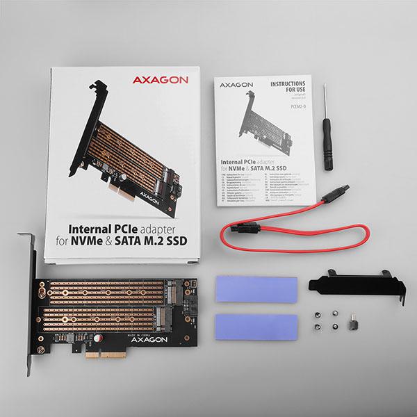 AXAGON PCEM2-D,  PCIe x4 - M.2 NVMe M-key + SATA B-key slot adaptér,  vrátane. LP8