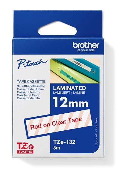 BROTHER TZE132 - 12 mm široká kazeta TZ,  laminovaná TZE-132,  priesvitné/ červené písmo