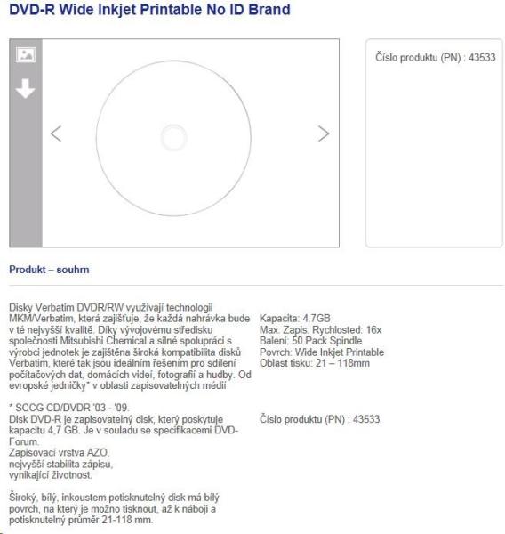 VERBATIM DVD-R(50-Pack)Vreteno/ Inkjet Printable Wide/ 16x/ 4.7GB1