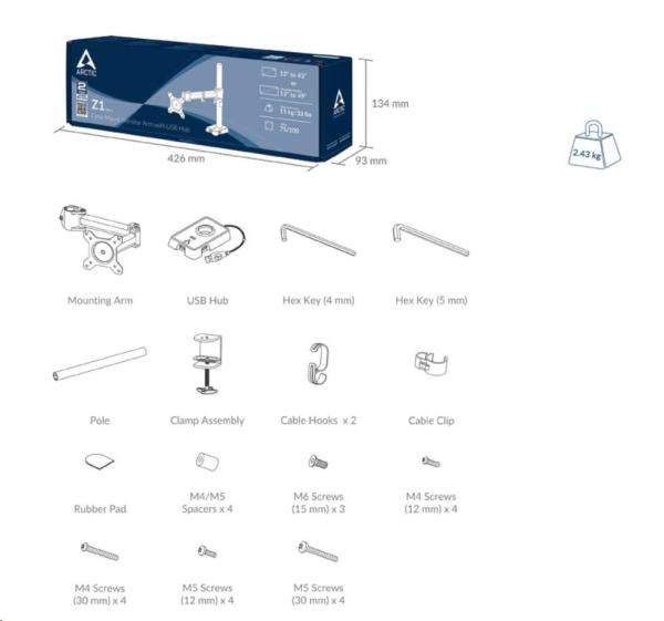 Držiak stola ARCTIC Z1 (Gen.3) pre 1x LCD do 43",  nosnosť 15 kg,  USB HUB,  čierny15