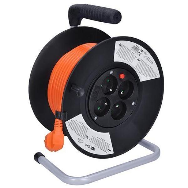 Solight prodlužovací přívod na bubnu,  4 zásuvky,  20m,  oranžový kabel,  3x 1, 5mm2