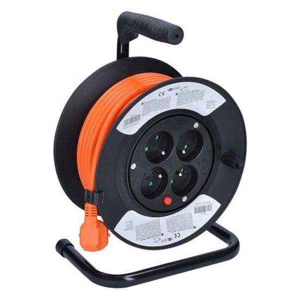 Solight prodlužovací přívod na bubnu,  4 zásuvky,  15m,  oranžový kabel,  3x 1, 5mm2