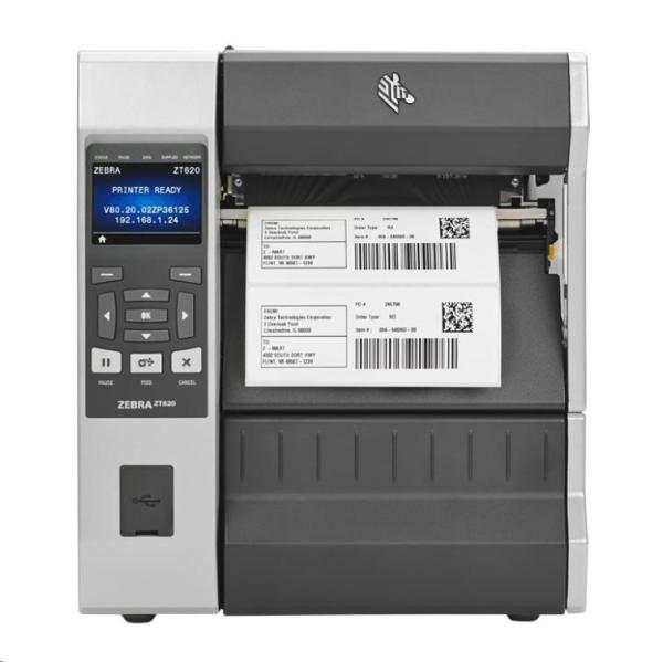 Zebra ZT620,  12 bodov/ mm (300 dpi),  navíjanie,  disp. (farebné),  RTC,  ZPL,  ZPLII,  USB,  RS-232,  BT,  Ethernet