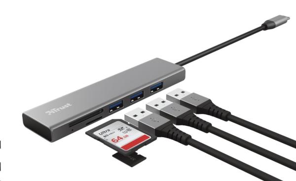Rozbočovač TRUST HALYX,  rýchly rozbočovač USB-C a čítačka kariet1