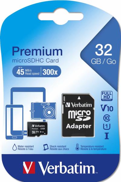 Karta VERBATIM MicroSDHC 32GB Premium,  U1 + SD adaptér2