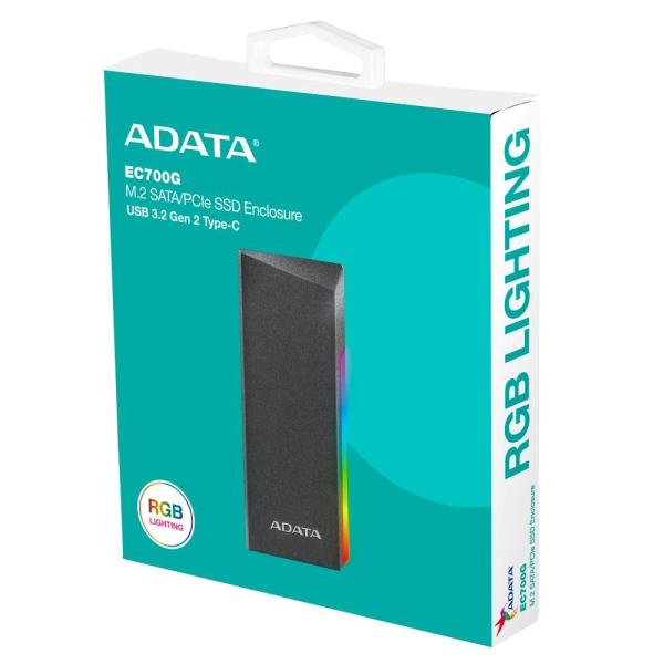 ADATA Externí box pro M.2 EC700G,  USB-C 3.2 Gen 2,  M.2 2230 /  2242 /  2280,  RGB,  černá6