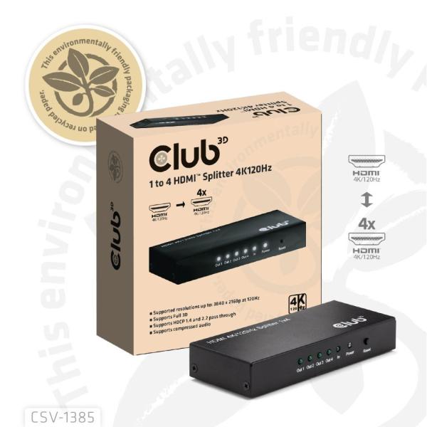 Club3D Video rozbočovač 1:4 HDMI 2.0 4K120Hz,  4 porty,  černá2