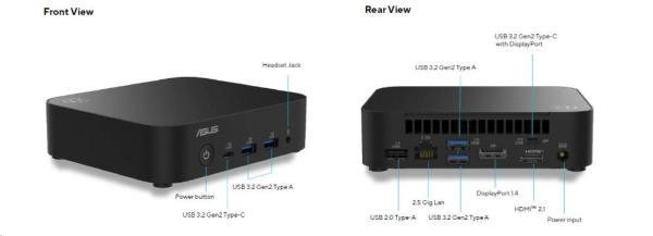 ASUS NUC 14 Essential RNUC14MNK2500002/ N250 Procesor/ DDR5-4800 SODIMM/ USB-A, C/ M.2 2280/ Wi-Fi/ LAN/ EU Napájecí kabel3