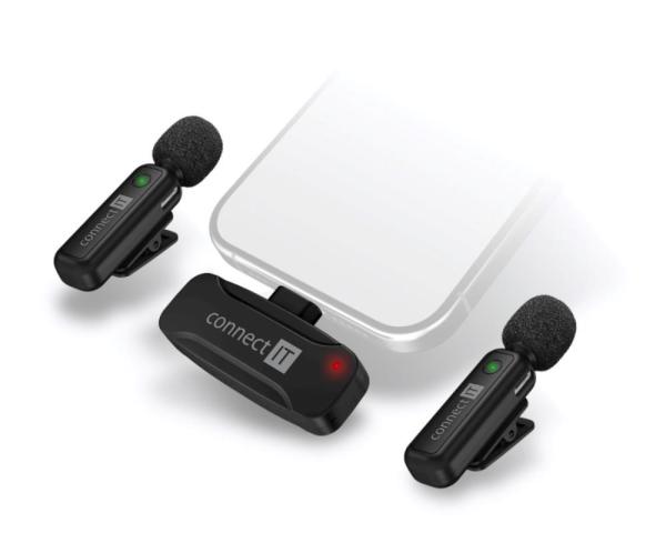 CONNECT IT Mikrofon ClipMic,  2x Bezdrátový Lavalier mikrofón s přijímačem,  Lightning konektor,  černá