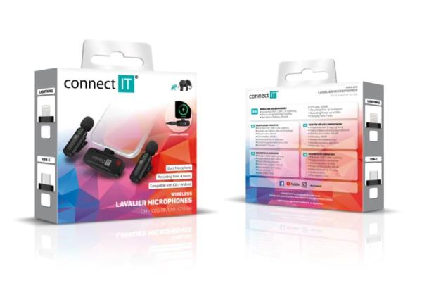 CONNECT IT Mikrofon ClipMic,  2x Bezdrátový Lavalier mikrofón s přijímačem,  USB-C konektor,  černá2
