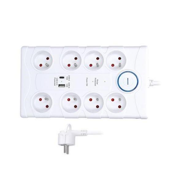 Solight přepěťová ochrana,  8z,  USB A+C,  2m,  bílá