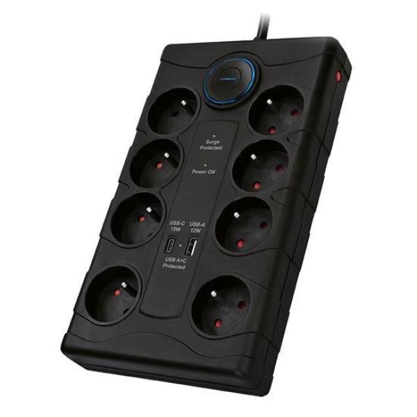 Solight přepěťová ochrana,  8z,  USB A+CA,  2m,  černá2