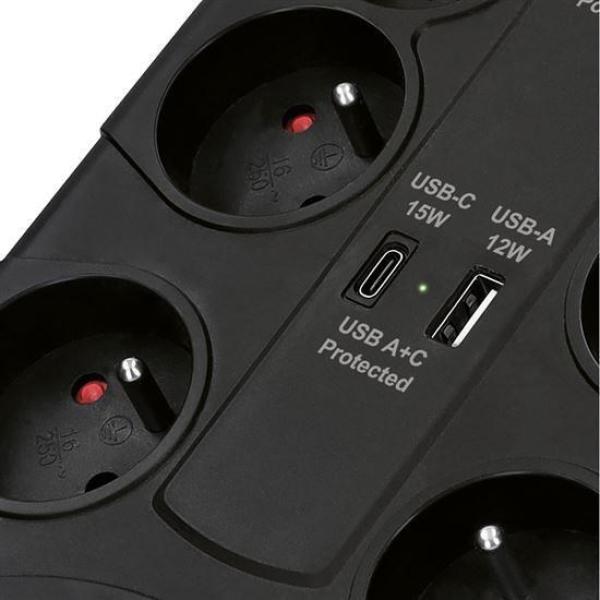 Solight přepěťová ochrana,  8z,  USB A+CA,  2m,  černá3