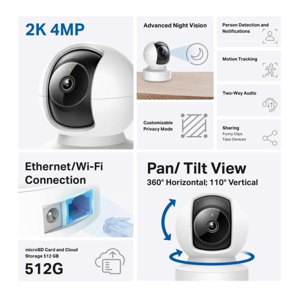 TP-Link Tapo C222 domácí-indoor kamera,  (4MP,  2K QHD 1440p,  IR 12m,  WiFi,  1x100Mb/ s,  micro SD card)1