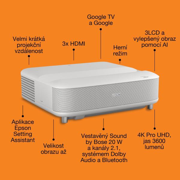 Epson Lifestudio Grand – EH-LS670W diamantová biela,  4K PRO-UHD,  3600lm,  HDMI,  USB,  Google TV,  240Hz6