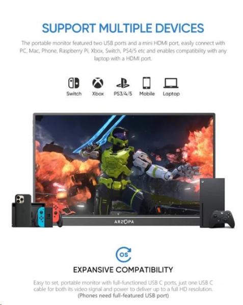 Arzopa Z1FC Portable Monitor 16.1" 144hz IPS Full HD 1080p Metal Housing Přenosný monitor + pouzdro,  šedý0