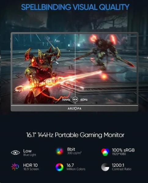 Arzopa Z1FC Portable Monitor 16.1" 144hz IPS Full HD 1080p Metal Housing Přenosný monitor + pouzdro,  šedý2