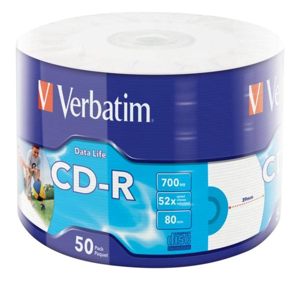 VERBATIM CD-R (50-pack)Spindle/ Extra Protection Datalife Inkjet Printable Wrap / 52x/ 700MB WRAP1