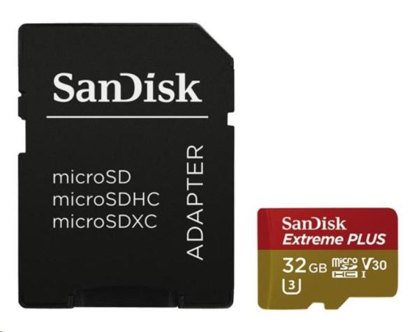 SanDisk MicroSDHC karta 32GB Extreme PLUS (R100/ W90MB/ s,  UHS-I V30,  Rescue Pro Deluxe) + adaptér