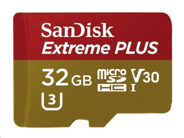 SanDisk MicroSDHC karta 32GB Extreme PLUS (R100/ W90MB/ s,  UHS-I V30,  Rescue Pro Deluxe) + adaptér2