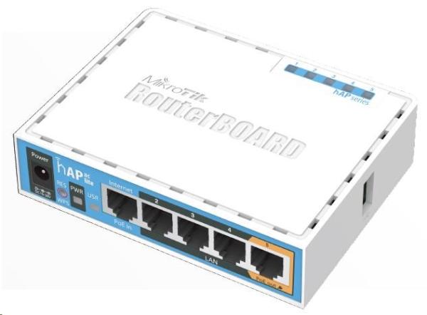 MikroTik hAP ac lite,  650MHz CPU,  64MB RAM,  5x LAN,  2.4 + 5GHz Wi-Fi 802.11b/ g/ n/ ac,  vrátane. L4