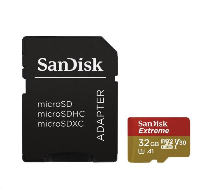 Karta SanDisk MicroSDHC 32 GB Extreme (100 MB/ s,  Class 10 UHS-I V30,  pre akčné kamery) + adaptér0 