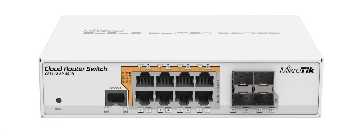 MikroTik Cloud Router Switch CRS112-8P-4S-IN,  400MHz CPU,  128MB RAM,  8xLAN,  PoE max. 67W,  4xSFP slot,  vrátane. Licencia0 
