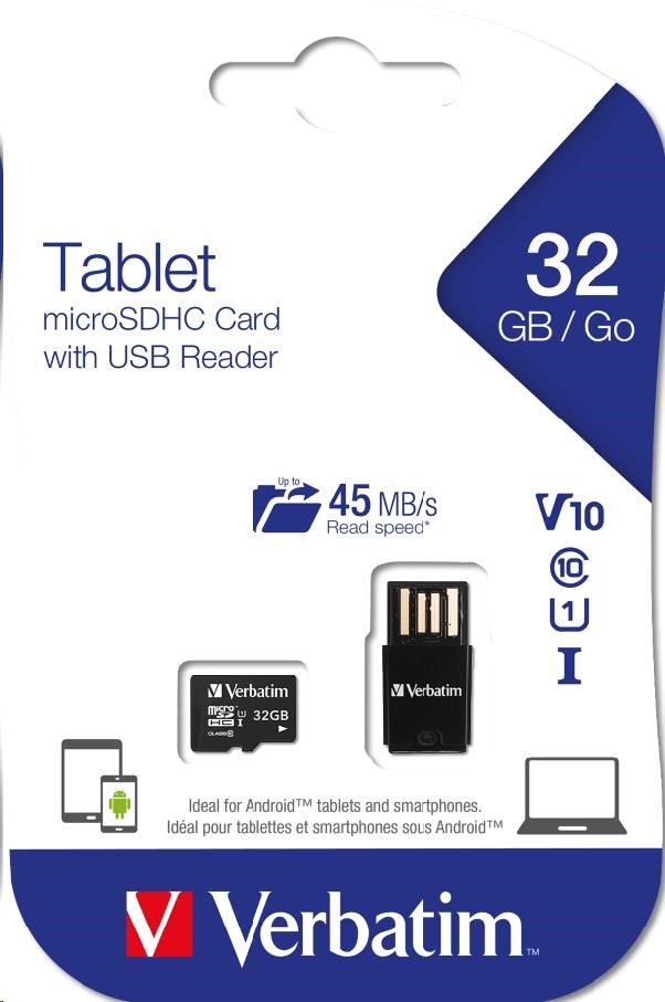 VERBATIM Tablet microSDHC C10/ U1 s USB čítačkou 32GB (R:45MB/ s,  W:10MB/ s)2 