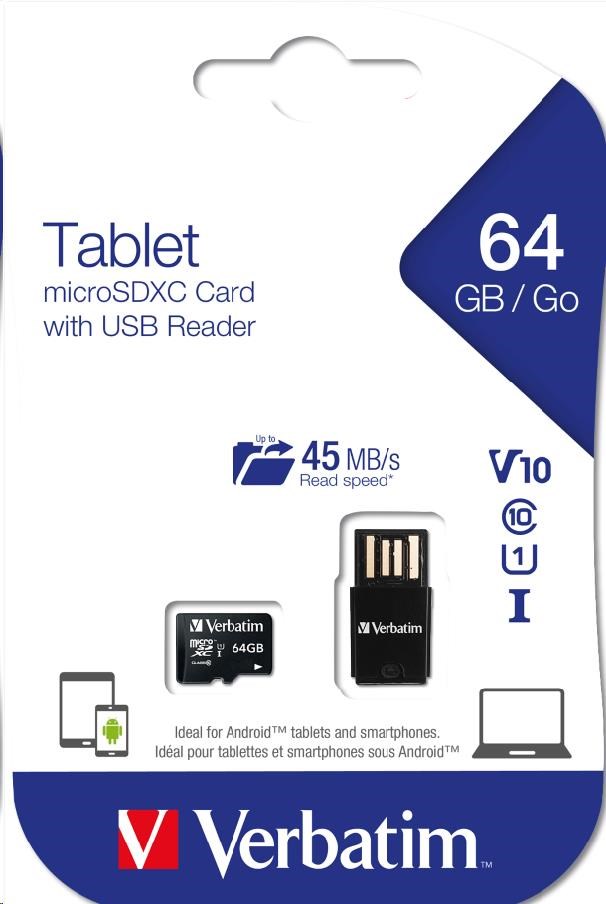 VERBATIM Tablet microSDHC C10/ U1 s USB čítačkou 64GB (R:70MB/ s,  W:10MB/ s)0 
