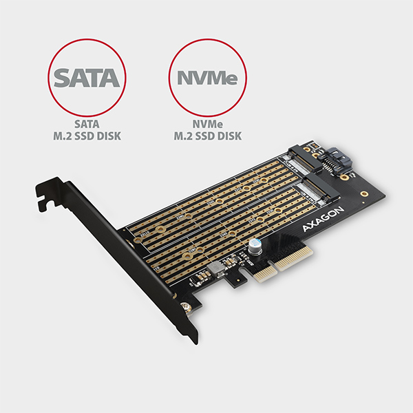 AXAGON PCEM2-D,  PCIe x4 - M.2 NVMe M-key + SATA B-key slot adaptér,  vrátane. LP4 