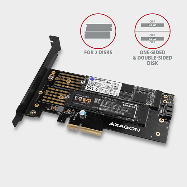 AXAGON PCEM2-D,  PCIe x4 - M.2 NVMe M-key + SATA B-key slot adaptér,  vrátane. LP0 