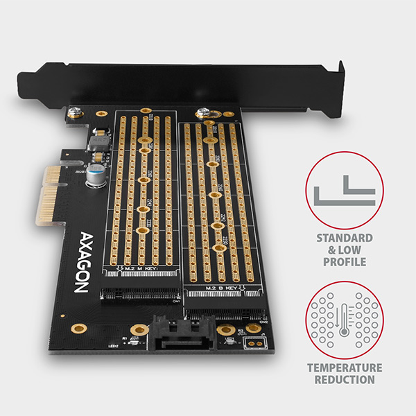 AXAGON PCEM2-D,  PCIe x4 - M.2 NVMe M-key + SATA B-key slot adaptér,  vrátane. LP2 