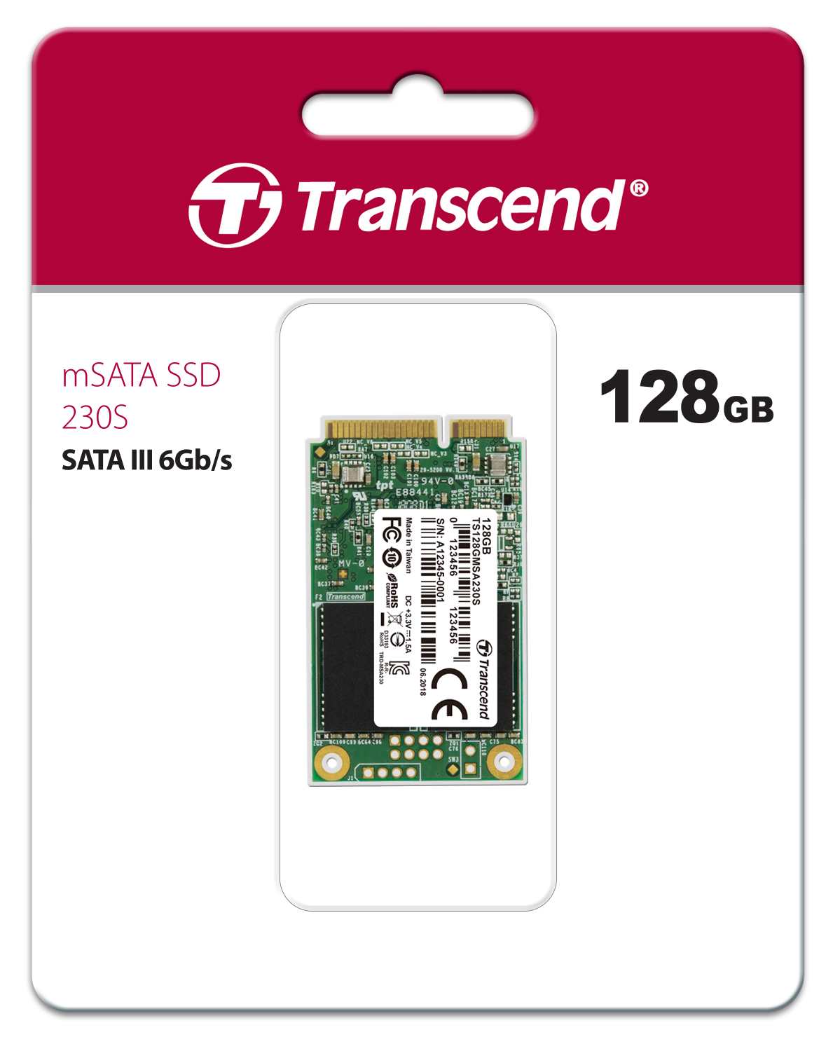 TRANSCEND Industrial SSD MSA230S 128GB,  mSATA,  SATA III,  3D TLC2 