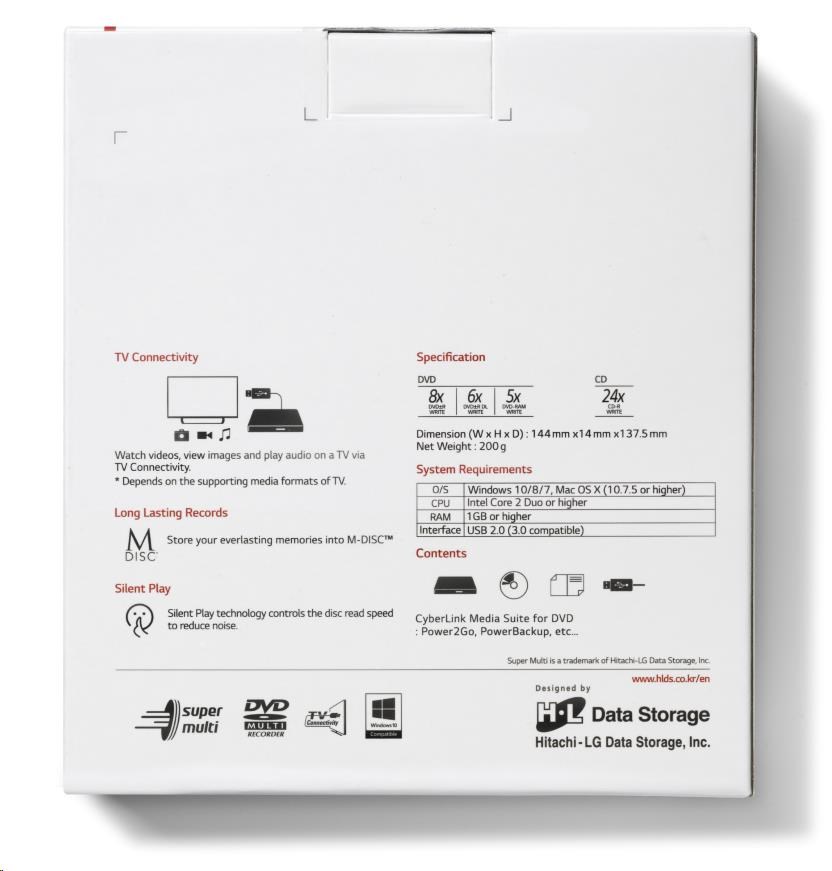 HITACHI LG - externá mechanika DVD-W/ CD-RW/ DVD±R/ ±RW/ RAM GP60NW60,  Slim,  biela,  krabica+SW2 