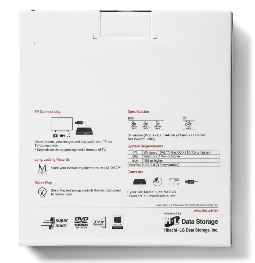 HITACHI LG - externá mechanika DVD-W/ CD-RW/ DVD±R/ ±RW/ RAM GP60NS60,  Slim,  Silver,  box+SW1 
