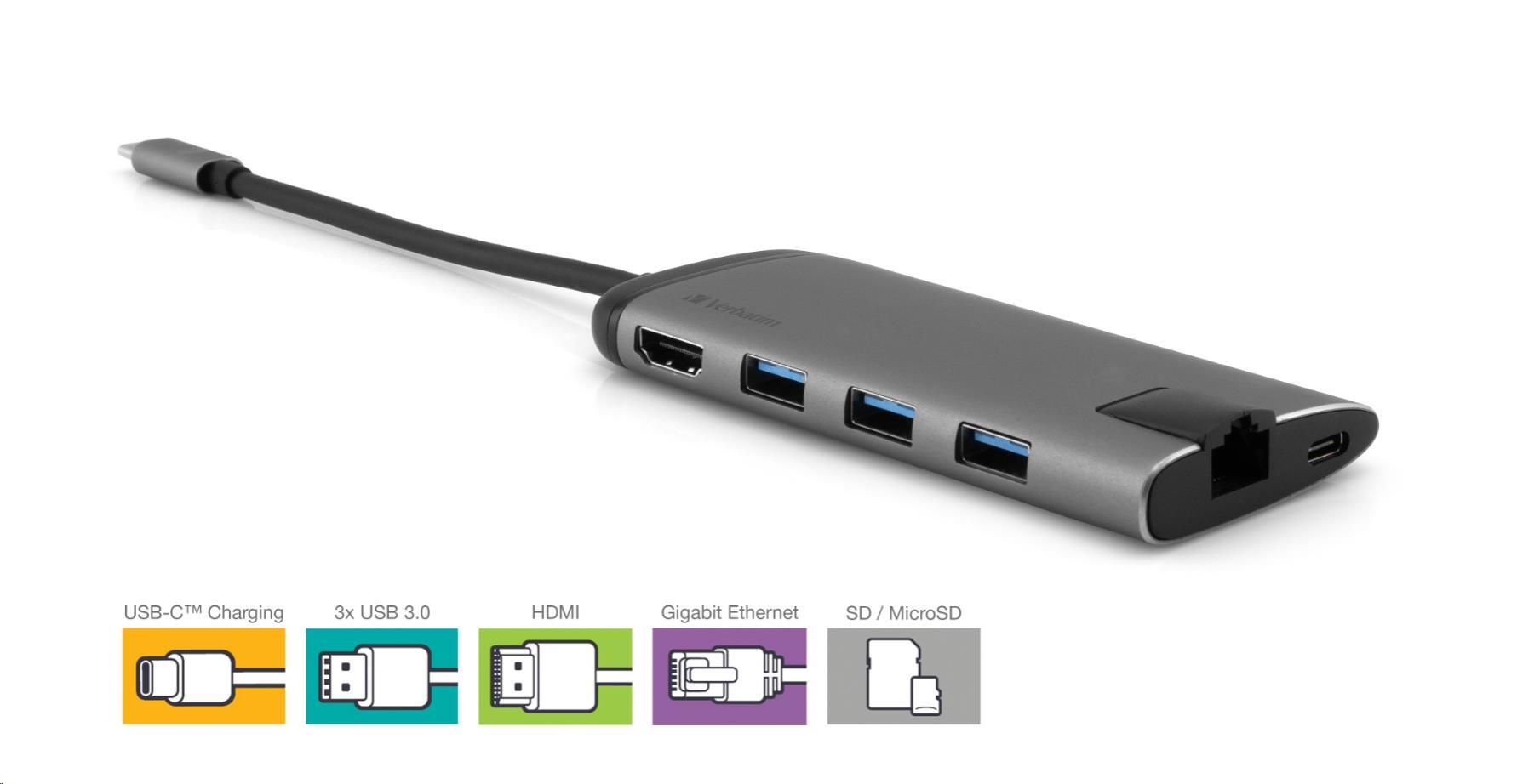 VERBATIM 49142 Multiportový HUB USB-C,  3x USB 3.0,  1x USB-C,  HDMI,  LAN,  SD,  microSD,  šedý dok6 