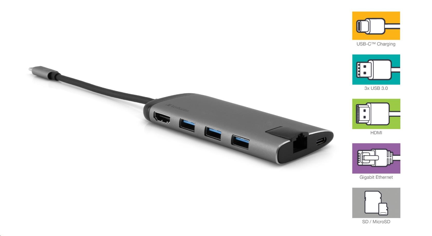 VERBATIM 49142 Multiportový HUB USB-C,  3x USB 3.0,  1x USB-C,  HDMI,  LAN,  SD,  microSD,  šedý dok7 