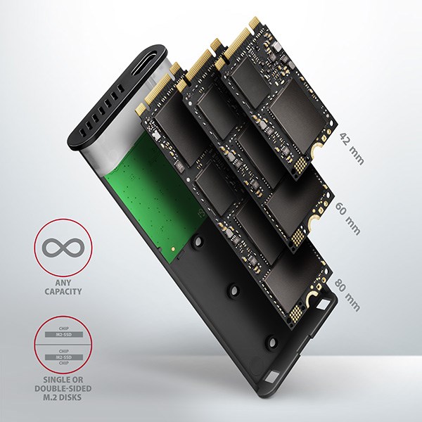 AXAGON EEM2-SBC,  USB-C 3.2 Gen 2 - M.2 SATA SSD kovový box RAW,  bez skrutiek4 