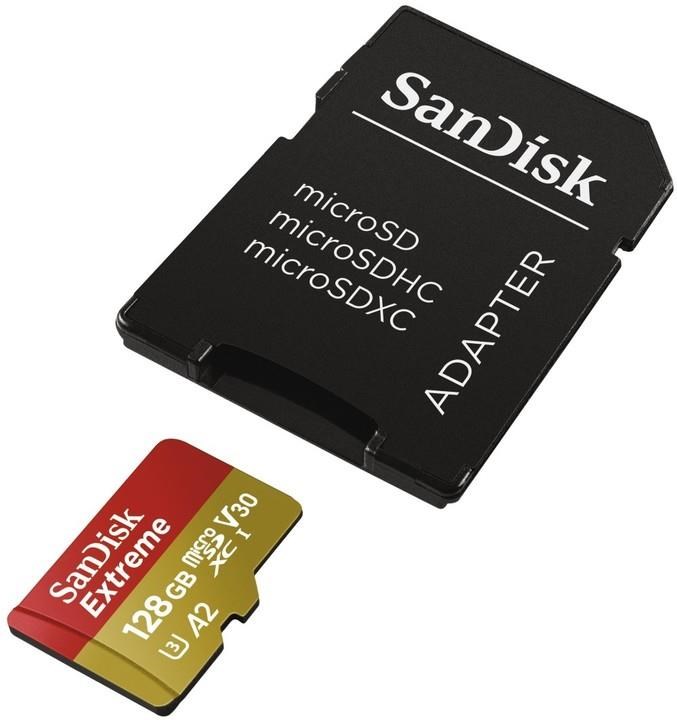 Karta SanDisk micro SDXC 128 GB Extreme Action Cams and Drones (190 MB/ s Class 10,  UHS-I U3 V30) + adaptér1 