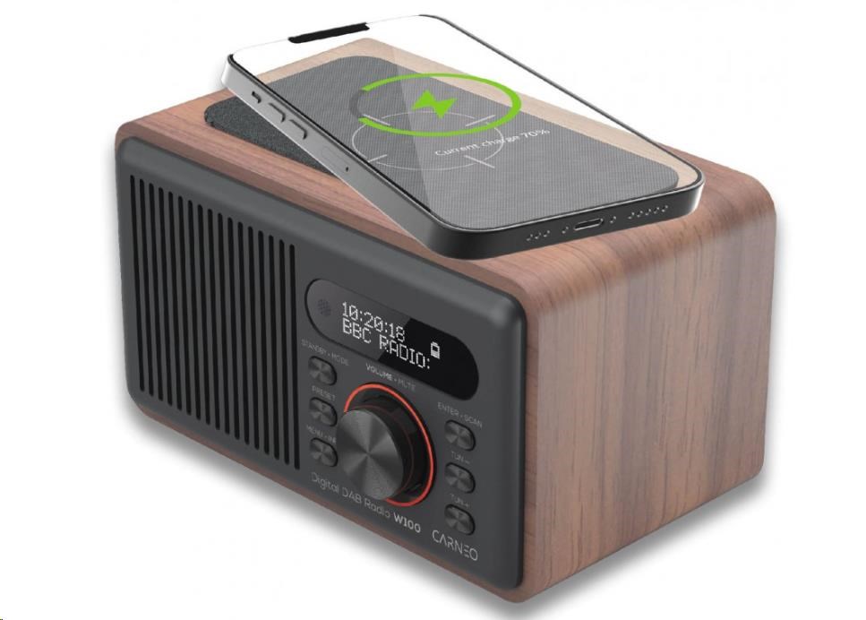CARNEO W100 Rádio DAB+,  FM,  BT,  Wireless charging,  wood1 