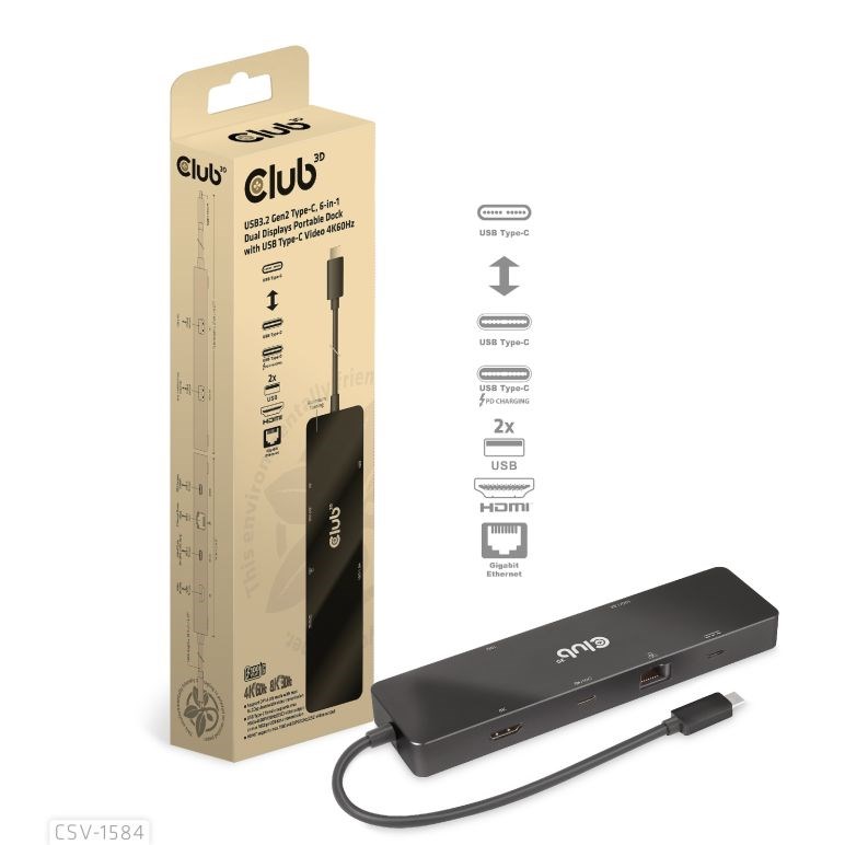 Club 3D Dokovací stanice USB-C 6v1,  1xHDMI,  1xUSB-C PD 100W,  2x USB,  1xRJ45,  černá0 