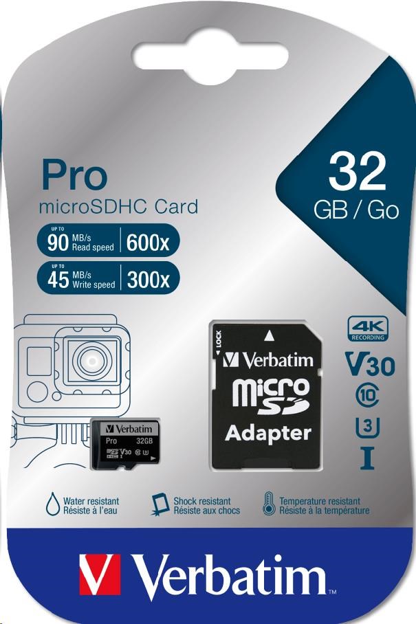 VERBATIM MicroSDHC karta 32GB Pro,  U3 + adaptér2 
