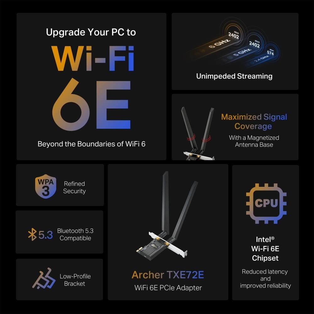 TP-Link Archer TXE72E WiFi6E PCIe adapter (AXE5400, 2, 4GHz/ 5GHz/ 6GHz, Bluetooth5.3)2 