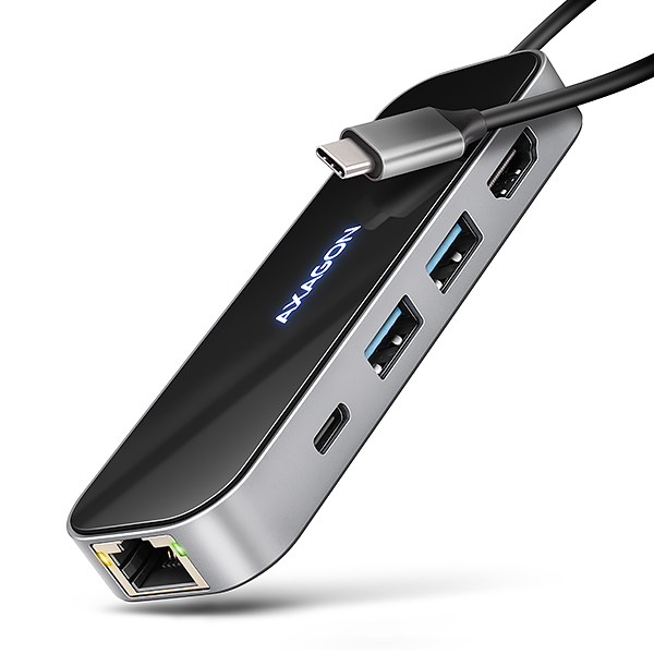 AXAGON HMC-6GLN, USB 5Gbps hub, 2x USB-A, USB-C, HDMI 4k/ 60Hz, RJ-45 GLAN, PD 100W, kábel USB-C 20cm