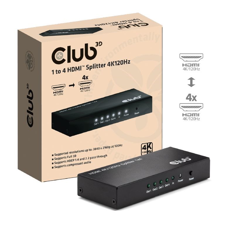 Club3D Video rozbočovač 1:4 HDMI 2.0 4K120Hz,  4 porty,  černá3 
