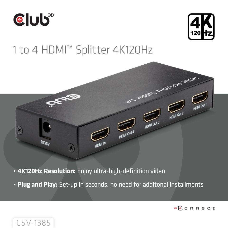 Club3D Video rozbočovač 1:4 HDMI 2.0 4K120Hz,  4 porty,  černá4 