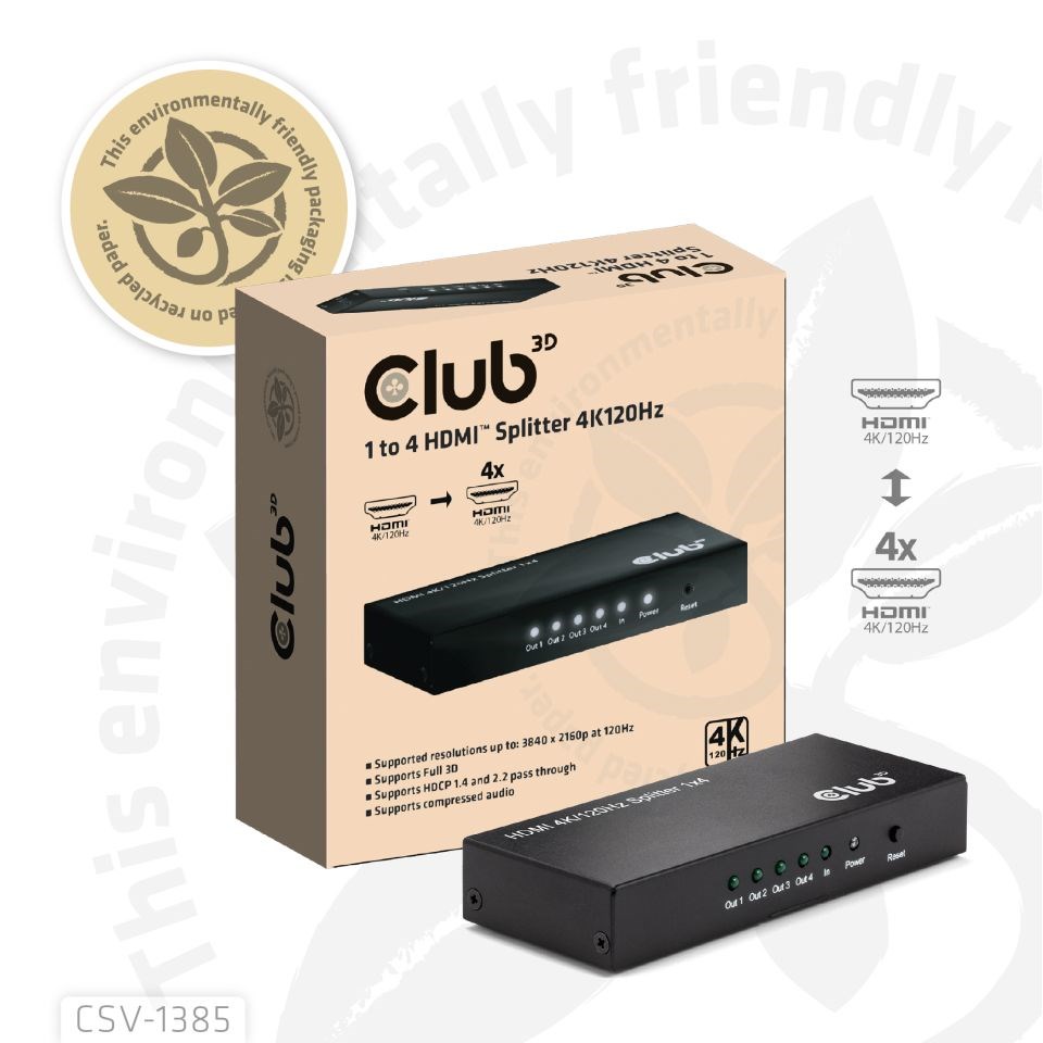 Club3D Video rozbočovač 1:4 HDMI 2.0 4K120Hz,  4 porty,  černá2 