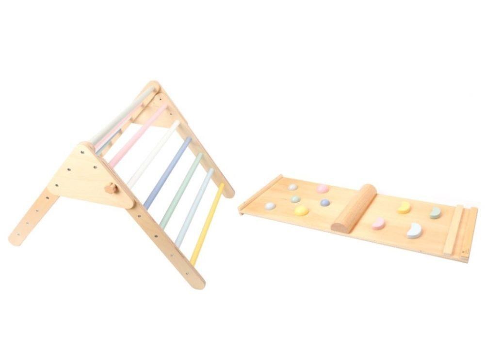 Dřevěný Piklerové trojúhelník set s montessori prknem - pastelový2 