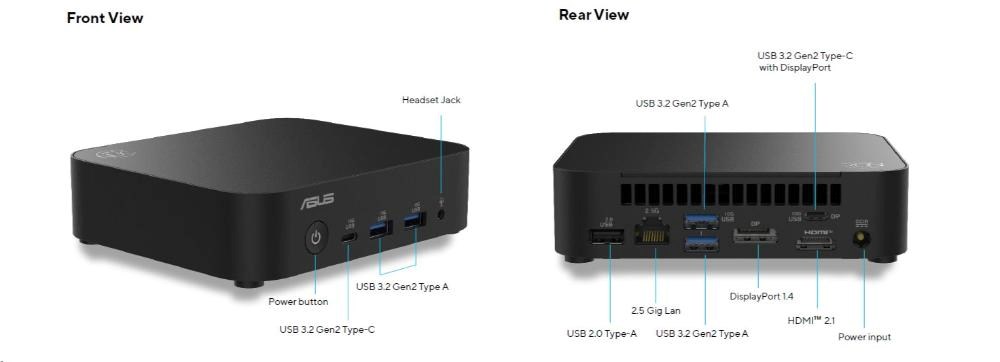 ASUS NUC 14 Essential RNUC14MNK2500002/ N250 Procesor/ DDR5-4800 SODIMM/ USB-A, C/ M.2 2280/ Wi-Fi/ LAN/ EU Napájecí kabel3 