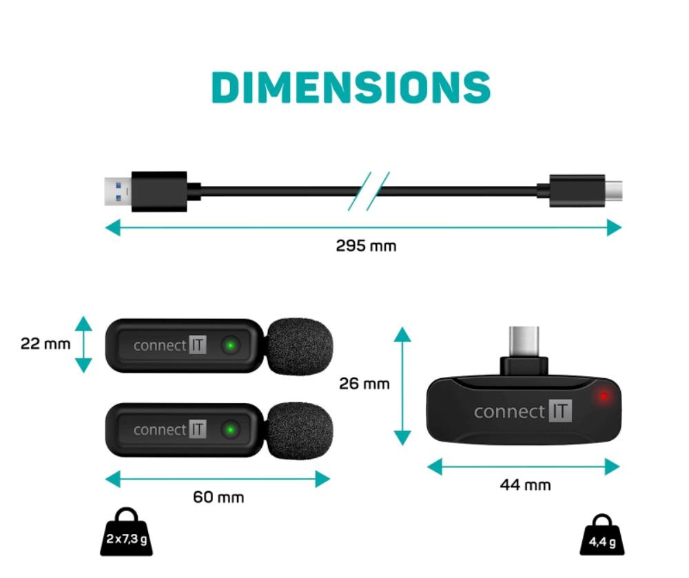 CONNECT IT Mikrofon ClipMic,  2x Bezdrátový Lavalier mikrofón s přijímačem,  USB-C konektor,  černá1 